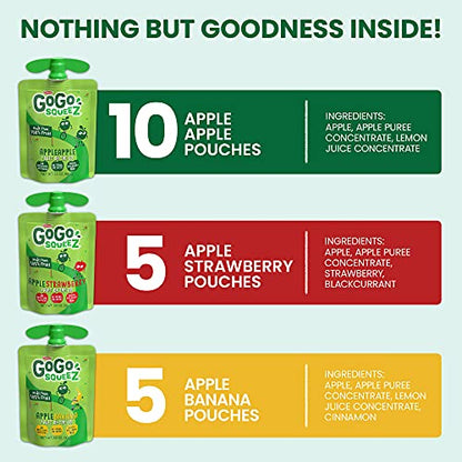 GoGo squeeZ Fruit on the Go Variety Pack, Apple, Banana & Strawberry, 3.2 oz (Pack of 20), Unsweetened Snacks for Kids, Gluten Free, Nut and Dairy Free, Recloseable Cap, BPA Free Pouches-UPStoxs