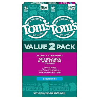 Tom's of Maine Fluoride-Free Antiplaque & Whitening Natural Toothpaste, Peppermint, 5.5 oz. (Pack of 2)-UPStoxs