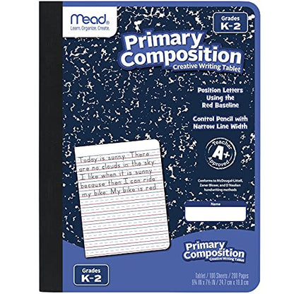 Mead Primary Composition Notebook, Wide Ruled Paper, Grades K-2 Writing Workbook, 9-3/4" x 7-1/2", 100 Sheets, Blue Marble (09902)-UPStoxs