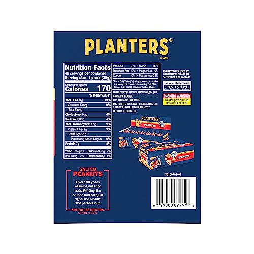 PLANTERS Salted Peanuts, Snack Size, Nuts Individual Packs, Peanuts with Sea Salt, Simple Ingredients, Convenient Snacking, On the Go Snacks, Kosher, 1oz Bags (48 Pack)-UPStoxs