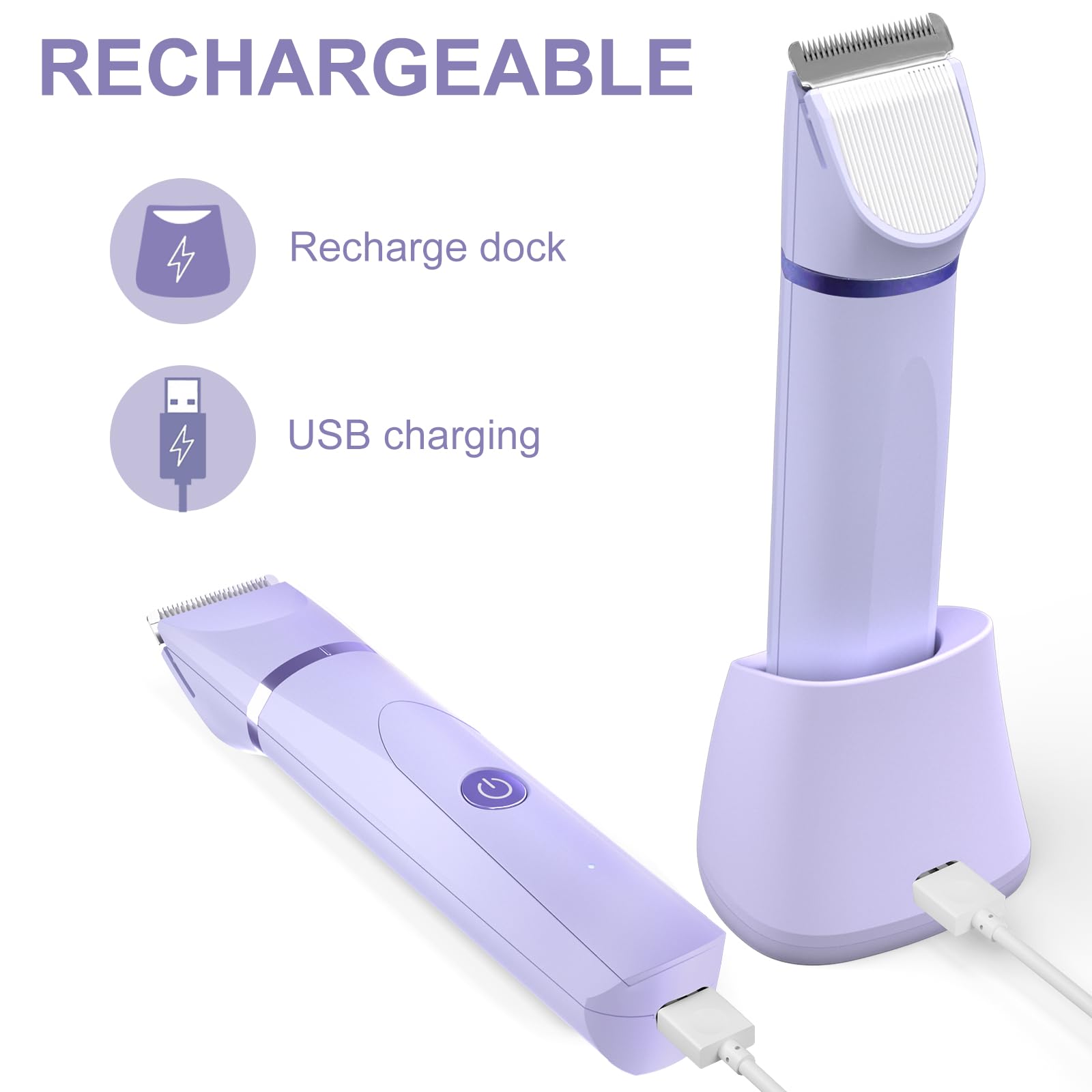 OLOV Bikini Trimmer for Women - Wet/Dry Electric Body Shaver Groomer, Replaceable Ceramic Blade Heads, Face Hair Remover Head & USB Recharge Dock, Waterproof Hygiene Razor, Purple-UPStoxs