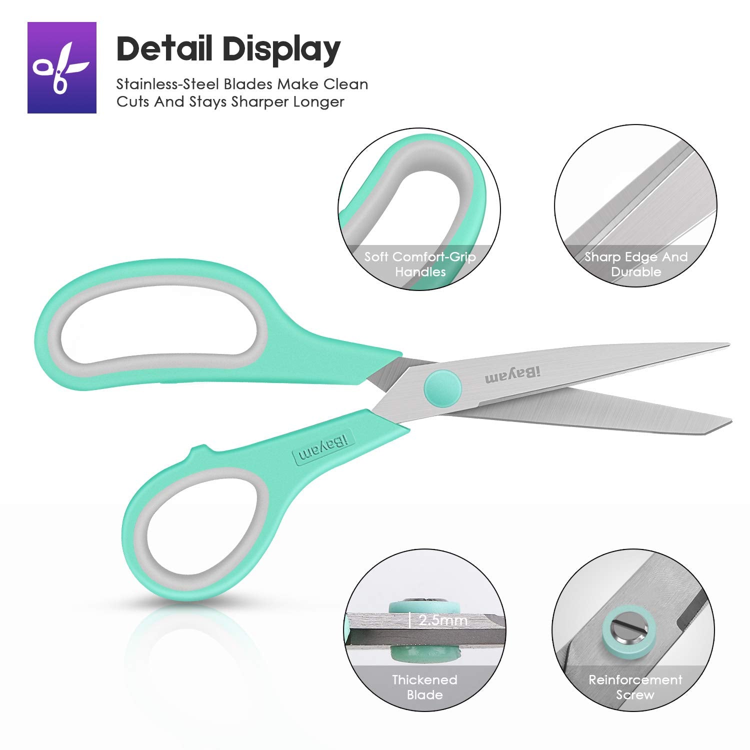 Scissors, iBayam 8" All Purpose Scissors Bulk 3-Pack, Ultra Sharp 2.5mm Thick Blade Shears Comfort-Grip Scissors for Office Desk Accessories Sewing Fabric Home Craft School Supplies, Right/Left Handed-UPStoxs