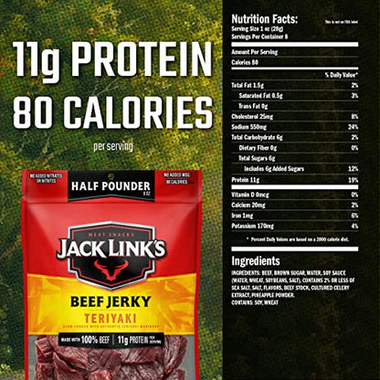 Jack Link's Beef Jerky, Teriyaki, ½ Pounder Bag - Flavorful Meat Snack, 11g of Protein and 80 Calories, Made with Premium Beef, Perfect Hunting Trip Snacks - 96 Percent Fat Free, No Added MSG-UPStoxs