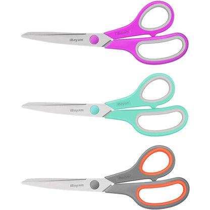 Scissors, iBayam 8" All Purpose Scissors Bulk 3-Pack, Ultra Sharp 2.5mm Thick Blade Shears Comfort-Grip Scissors for Office Desk Accessories Sewing Fabric Home Craft School Supplies, Right/Left Handed-UPStoxs