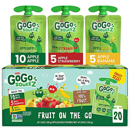 GoGo squeeZ Fruit on the Go Variety Pack, Apple, Banana & Strawberry, 3.2 oz (Pack of 20), Unsweetened Snacks for Kids, Gluten Free, Nut and Dairy Free, Recloseable Cap, BPA Free Pouches-UPStoxs