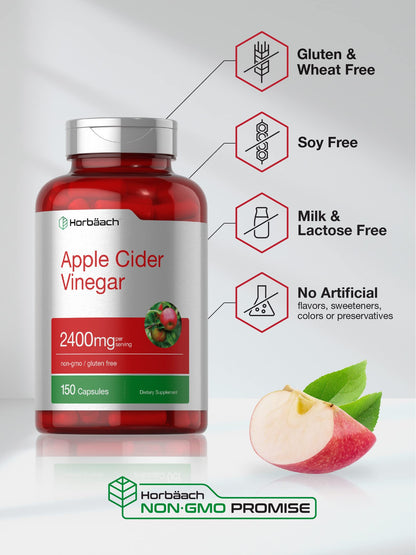 Horbäach Apple Cider Vinegar Capsules | 2400mg | 150 Count | Non-GMO, Gluten Free Supplement-UPStoxs