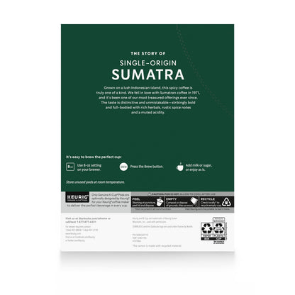 Starbucks K-Cup Coffee Pods, Dark Roast Coffee, Sumatra for Keurig Brewers, 100% Arabica, 4 boxes (96 pods total)-UPStoxs