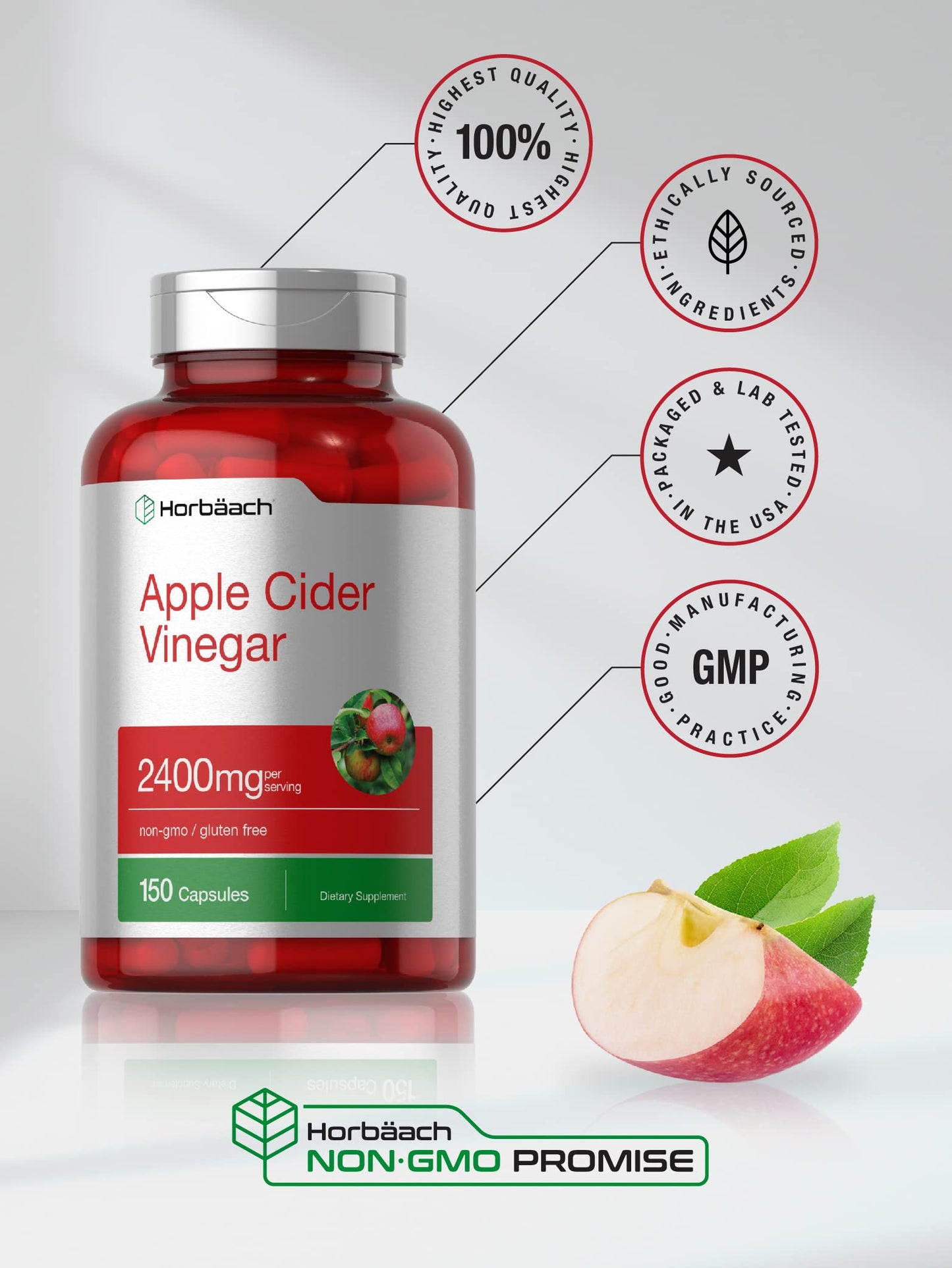 Horbäach Apple Cider Vinegar Capsules | 2400mg | 150 Count | Non-GMO, Gluten Free Supplement-UPStoxs