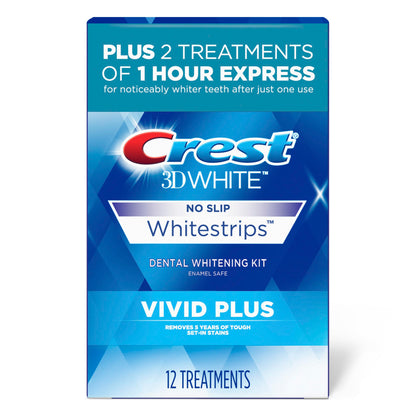Crest 3DWhitestrips Vivid Plus 10 Treatments + 1 Hour Express 2 Treatments Teeth Whitening Kit, 8 Levels Whiter-UPStoxs