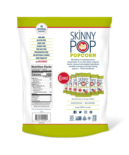 SkinnyPop Popcorn, Gluten Free, Dairy Free, Non-GMO, Healthy Snacks, Skinny Pop Original Popcorn Snack Packs, 0.65oz Individual Size Snack Bags (6 Count) (Packaging May Vary)-UPStoxs