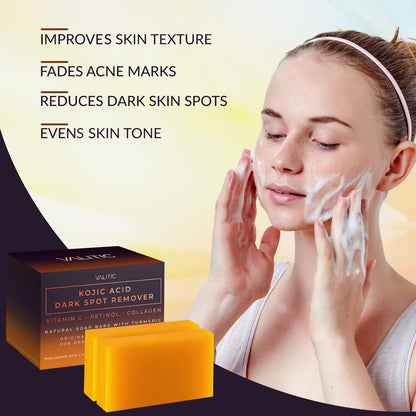 VALITIC Kojic Acid Dark Spot Remover Soap Bar with Vitamin C,Retinol,Collagen,Turmeric - Original Japanese Complex Hyaluronic Acid,E,Shea Butter,Castile Oil (2 Pack) With Holder,Pack of 3,3.5 ounces-UPStoxs