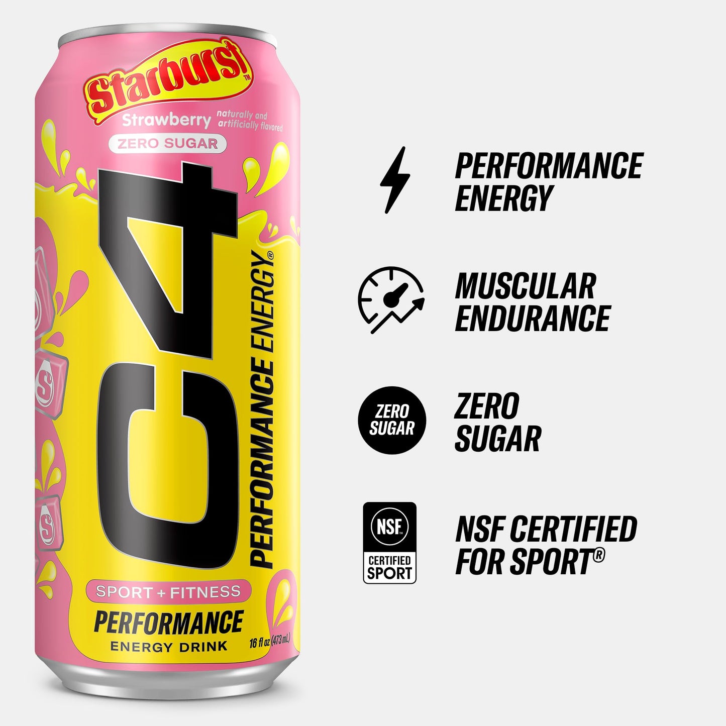 C4 Performance Energy Drink | STARBUST™ Strawberry | Zero Sugar Carbonated Preworkout Energy | 200mg Caffeine with Beta Alanine | 16 Fl Oz (12 Pack)-UPStoxs