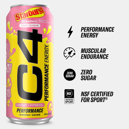 C4 Performance Energy Drink | STARBUST™ Strawberry | Zero Sugar Carbonated Preworkout Energy | 200mg Caffeine with Beta Alanine | 16 Fl Oz (12 Pack)-UPStoxs