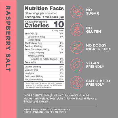 LMNT Zero Sugar Electrolytes - Raspberry Salt | Drink Mix | 30 Count-UPStoxs