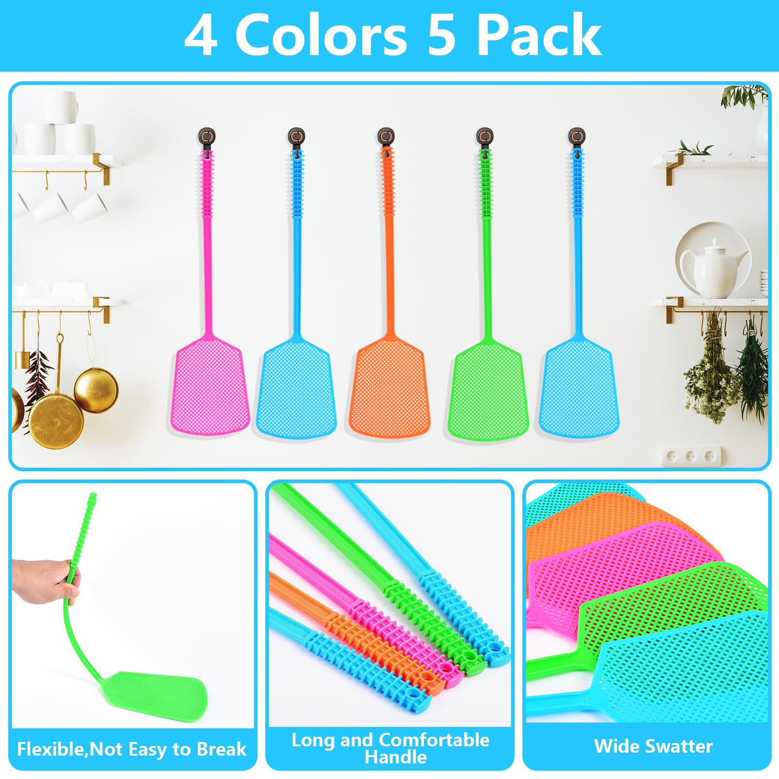 Fly Swatter,5 Pack Plastic Heavy Duty Manual Fly Killer, Long Handle Flyswatter, Large Bug Swatters That Work for Indoor and Outdoor-UPStoxs