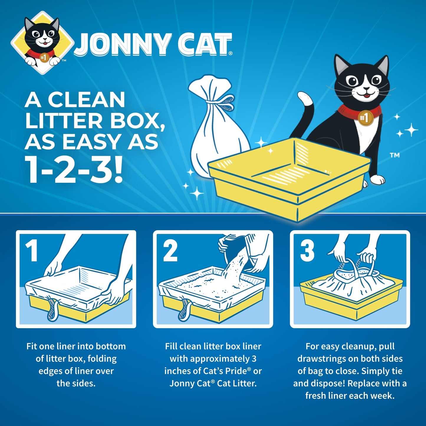 Jonny Cat Litter Box Liners: Heavy Duty - Tear & Leak Resistant - Drawstring Close - Jumbo, 15 Count-UPStoxs