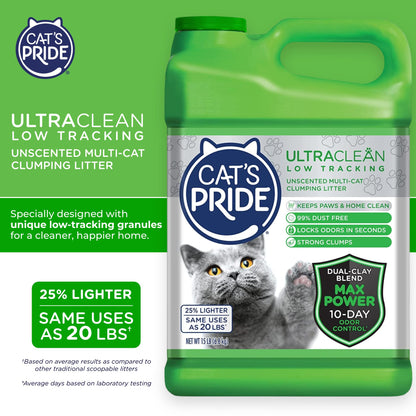 Cat's Pride Max Power: UltraClean Low Tracking Multi-Cat Clumping Litter - Keeps Paws & Home Clean - Up to 10 Days of Powerful Odor Control - 99% Dust Free - Unscented, 15 Pounds-UPStoxs