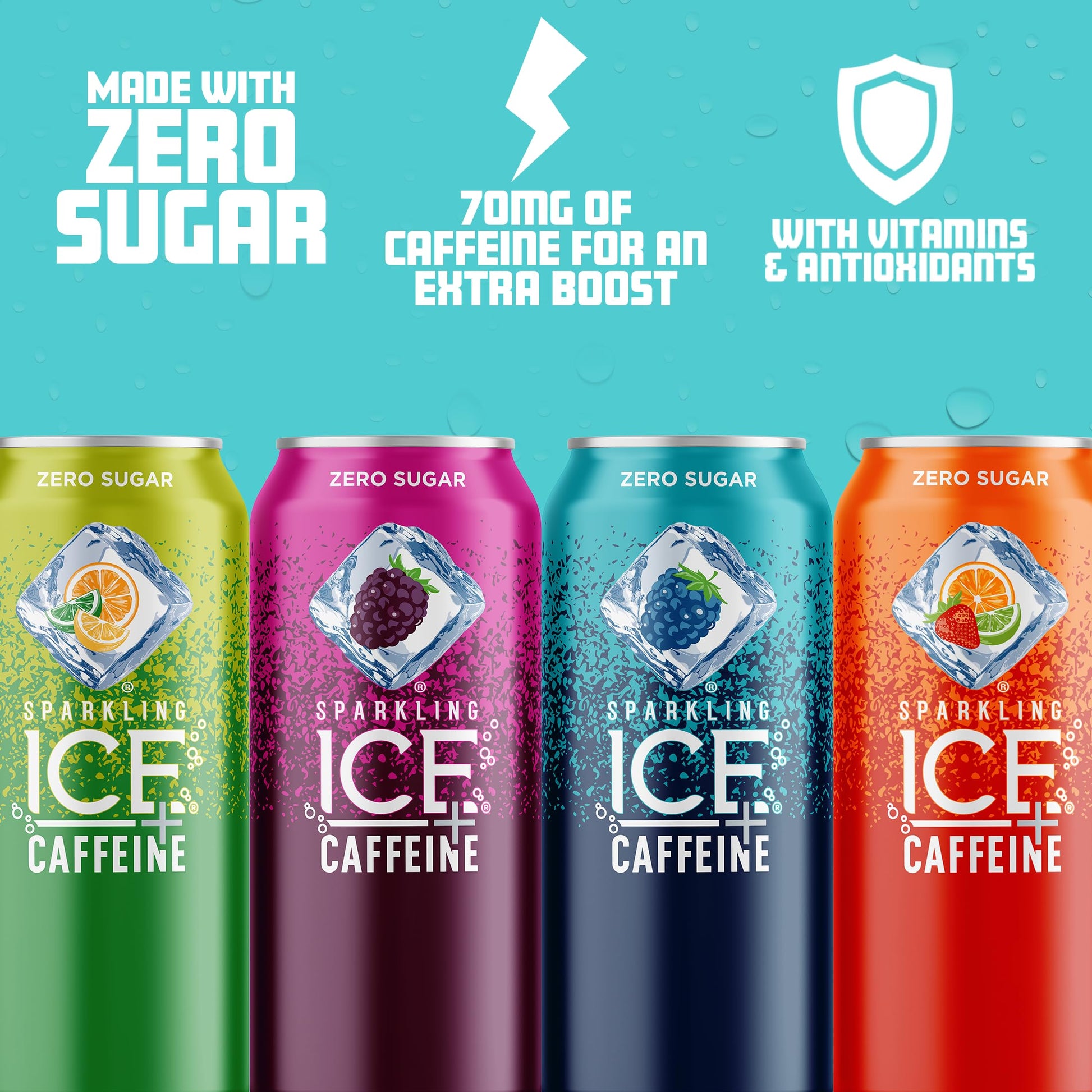 Sparkling Ice +Caffeine Variety Pack, Flavored Sparkling Water, Zero Sugar, with Vitamins and Antioxidants, 16 fl oz, 12 count (Citrus Twist, Black Raspberry, Blue Raspberry, Strawberry Citrus)-UPStoxs