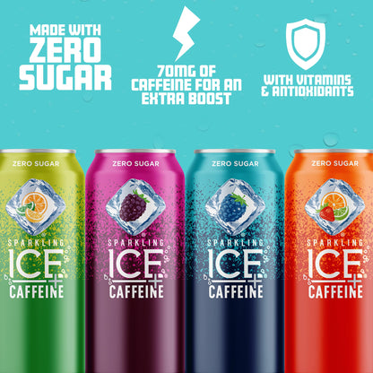 Sparkling Ice +Caffeine Variety Pack, Flavored Sparkling Water, Zero Sugar, with Vitamins and Antioxidants, 16 fl oz, 12 count (Citrus Twist, Black Raspberry, Blue Raspberry, Strawberry Citrus)-UPStoxs