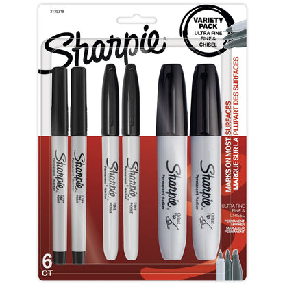 Sharpie Permanent Markers Variety Pack, Featuring Ultra-Fine, Chisel Tip, And Fine Tip Marker Set, Writing And Poster Markers, Black, 6 Count-UPStoxs