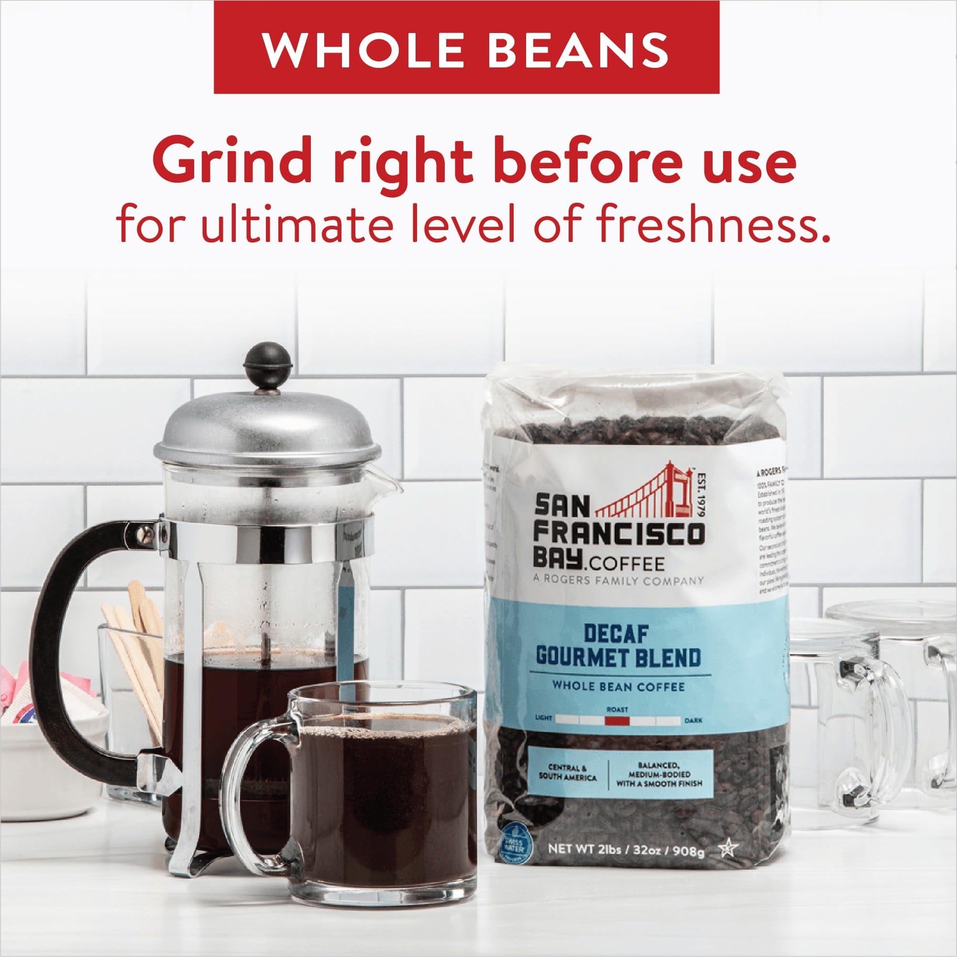 San Francisco Bay Whole Bean Coffee - DECAF Gourmet Blend (2lb Bag), Medium Roast, Swiss Water Processed-UPStoxs