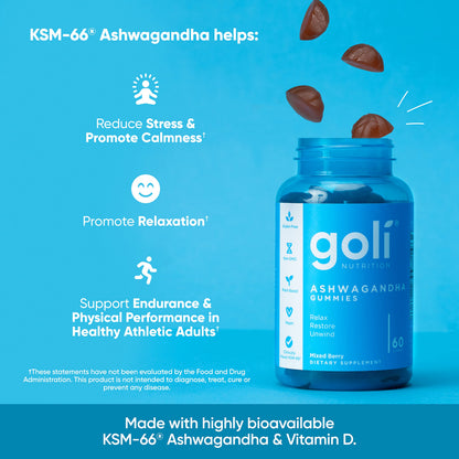 Goli Ashwagandha & Vitamin D Gummy - 60 Count - Mixed Berry, KSM-66, Vegan, Plant Based, Non-GMO, Gluten-Free & Gelatin Free Relax. Restore. Unwind, Pack of 1-UPStoxs