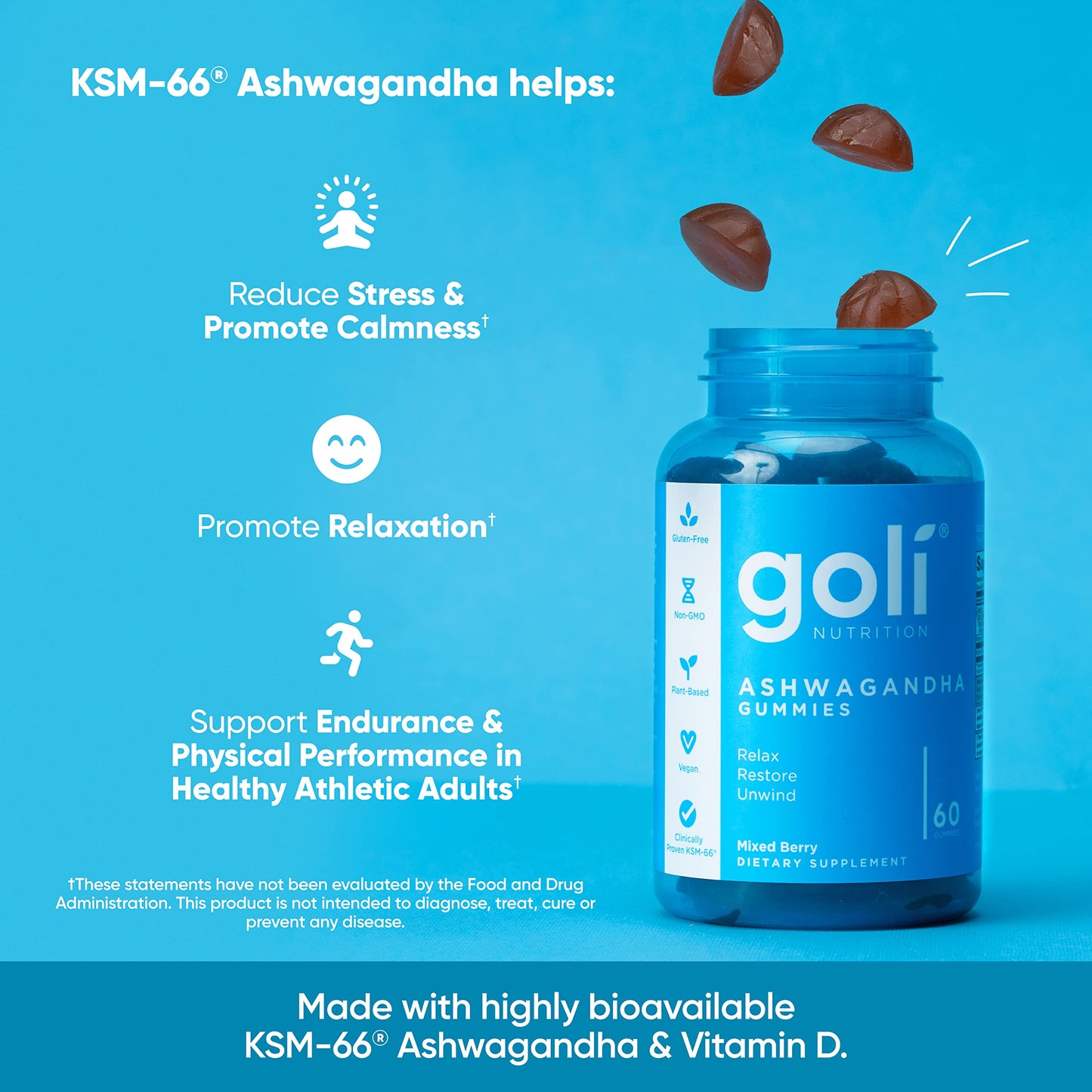 Goli Ashwagandha & Vitamin D Gummy - 180 Count - Mixed Berry, KSM-66, Vegan, Plant Based, Non-GMO, Gluten-Free & Gelatin Free Relax. Restore. Unwind, Pack of 3-UPStoxs