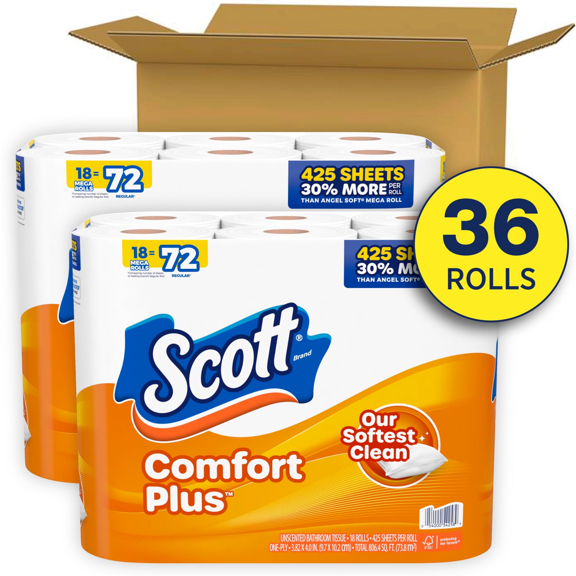 Scott ComfortPlus Toilet Paper, 36 Mega Rolls (2 Packs of 18), 425 Sheets per Roll, Septic-Safe, 1-Ply Toilet Tissue-UPStoxs