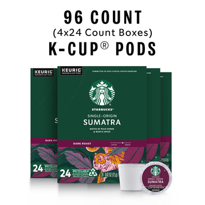 Starbucks K-Cup Coffee Pods, Dark Roast Coffee, Sumatra for Keurig Brewers, 100% Arabica, 4 boxes (96 pods total)-UPStoxs