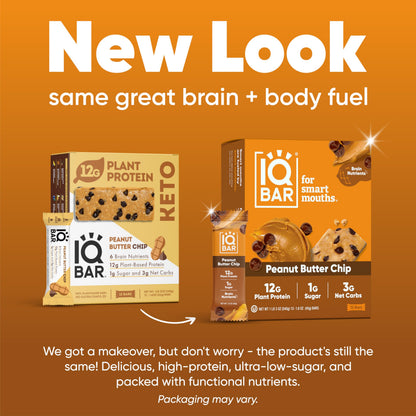 IQBAR Brain and Body Plant Protein Bars - Peanut Butter Chip - 12 Count, Low Carb, High Fiber, Gluten Free, Vegan Snacks - Low Sugar Keto Energy Bars-UPStoxs