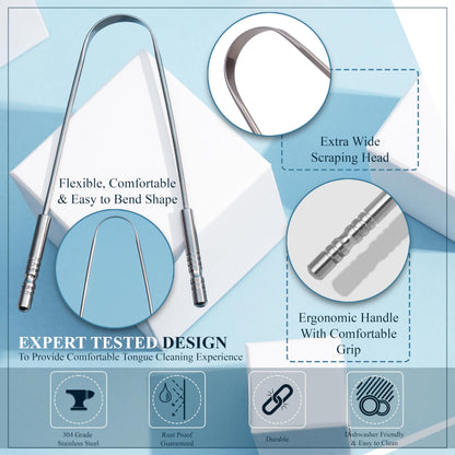 MasterMedi Tongue Scraper for Adults with Multicolor Travel Cases (2 Pack), 100% Stainless Steel, Reduce Bad Breath, Tongue Scrubber, Easy to Use, Tongue Cleaner for Oral Care & Hygiene-UPStoxs