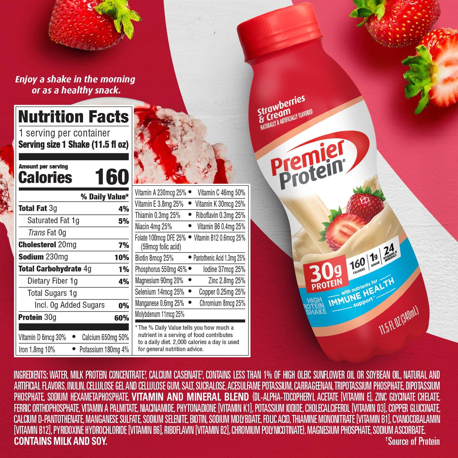 Premier Protein Liquid Protein Shake -24 Vitamins & Minerals/Nutrients to Support Immune Health, Strawberries, 11.5 Fl Oz Bottle (Pack of 12)-UPStoxs