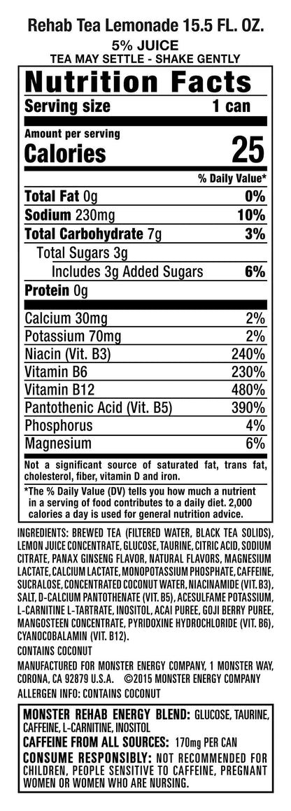 Monster Energy Rehab Tea + Lemonade + Energy, Energy Iced Tea, Energy Drink 15.5 Ounce (Pack of 15)-UPStoxs