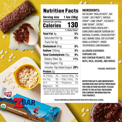 CLIF Kid Zbar - Chocolate Brownie - Soft Baked Whole Grain Snack Bars - USDA Organic - Non-GMO - Plant-Based - 1.27 oz. (18 Pack)-UPStoxs