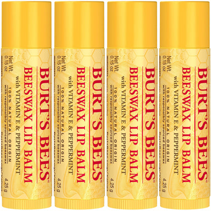 Burt's Bees Lip Balm - Original Beeswax, Lip Moisturizer With Responsibly Sourced Beeswax, Tint-Free, Natural Origin Conditioning Lip Treatment, 4 Tubes, 0.15 oz.-UPStoxs