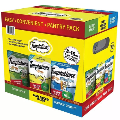 TEMPTATIONS Cat Treats Variety Pack with Tasty Chicken Flavor, Catnip Fever, & Surfers' Delight, 16 oz., 3 tubs